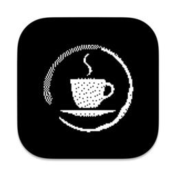 Black Eye app icon featuring a dithered coffee cup with steam